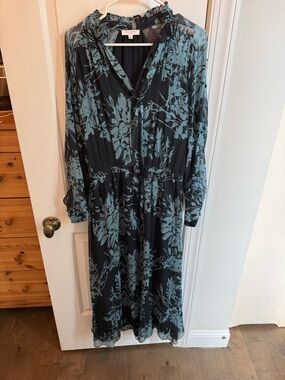 Equipment Black Dress with Teal Floral Print, Long Sleeve Midi